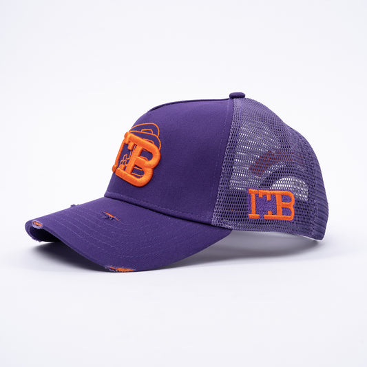 ITB Repeat Icon Distressed Mesh Trucker Cap Purple & Orange